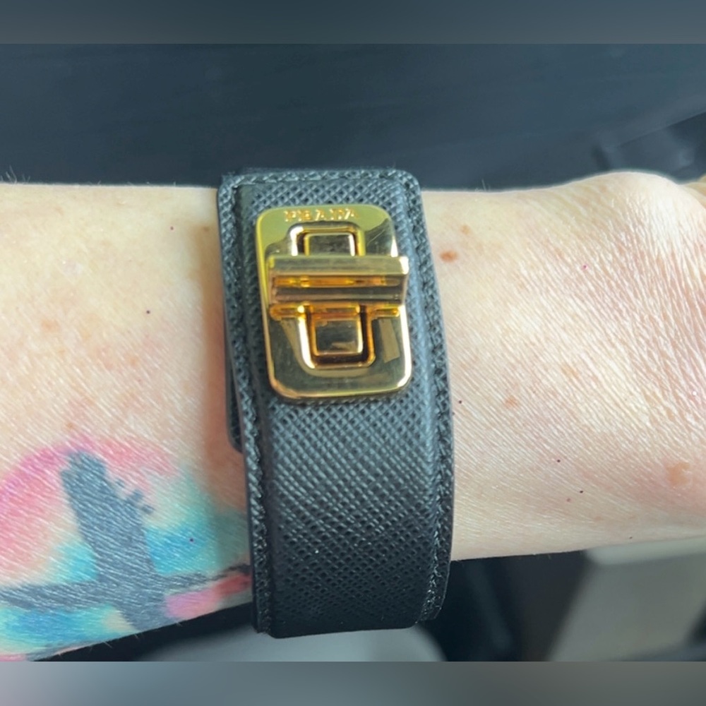 LIKE NEW | Prada | Women’s Genuine Saffiano Leather Bracelet Cuff Gold Buckle